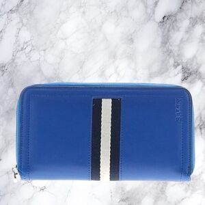 Bally Blue Leather Zip Wallet with Stripe